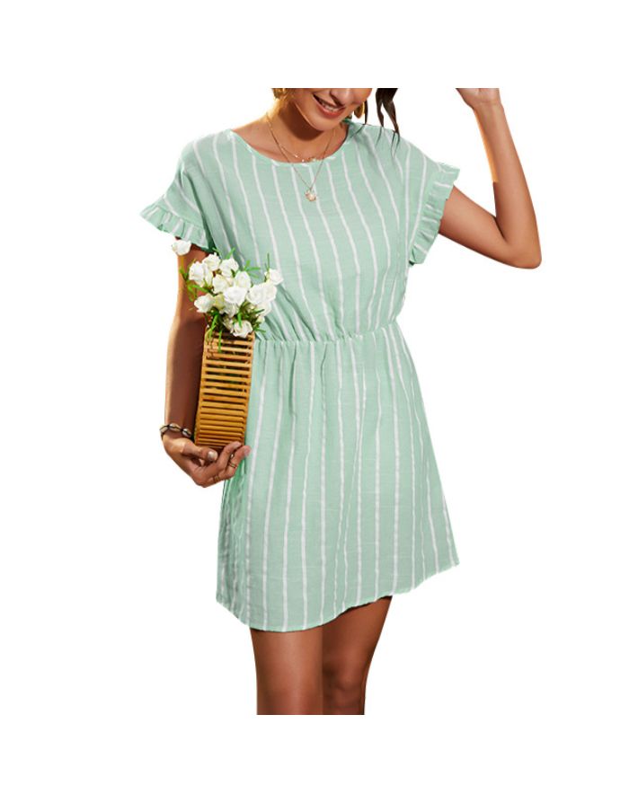 Women Striped Ruffled Short Sleeve Round Neck Casual Short A-Line Summer Dress